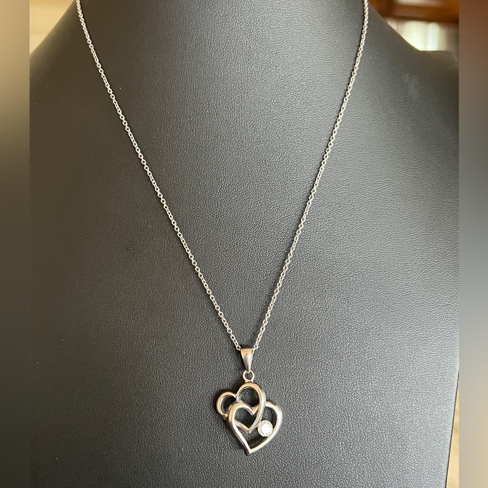 Linked Double Heart Clear Circle Crystal Accent Necklace Silver Tone Chain 22-24
